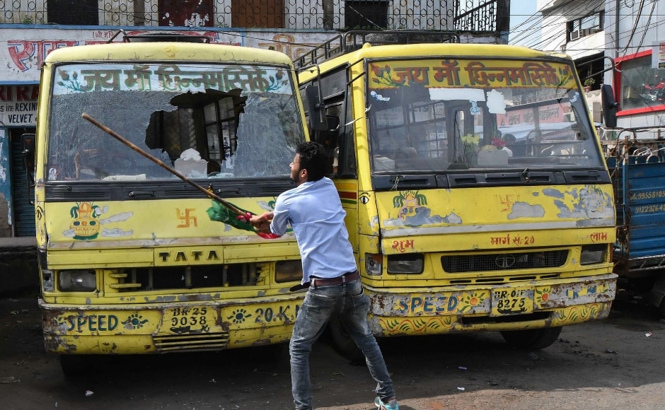 Jan Adhikar Party supporters also vandalised buses and other vehicles in Patna. Members and supporters from various political parties — AAP, RJD and the Congress – blocked roads and did not allow even two-wheelers to pass by. PTI Jan Adhikar Party supporters also vandalised buses and other vehicles in Patna. Members and supporters from various political parties — AAP, RJD and the Congress – blocked roads and did not allow even two-wheelers to pass by. PTI