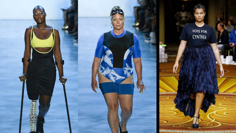 Christian Siriano made a political statement with his Cynthia Nixon T-shirt (right); The Chromat collection expounded diversity (left)