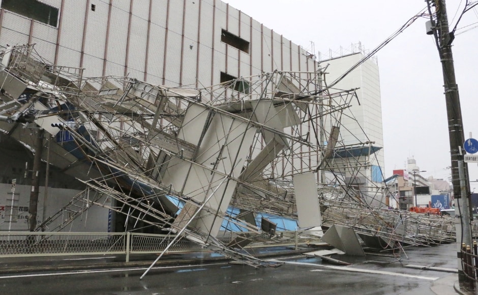 The strong gusts ripped sheeting from rooftops. The local media reported two deaths in the storm, including a 71-year-old man killed in western Shiga prefecture after being trapped under a collapsed warehouse. AP