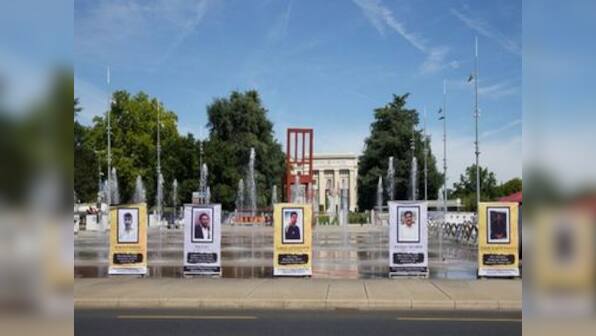 Posters appear outside UN office in Geneva highlighting issue of enforced disappearances in Pakistan and PoK