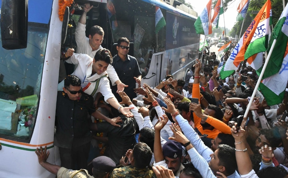 Thousands of Congress workers and local residents flanked the roads and jostled to catch a glimpse of Rahul, who was accompanied by senior party leaders, including Kamal Nath and Jyotiraditya Scindia. After the roadshow, Rahul addressed a public meeting, during which he attacked Narendra Modi's government over demonetisation, GST and farm loan waivers. PTI