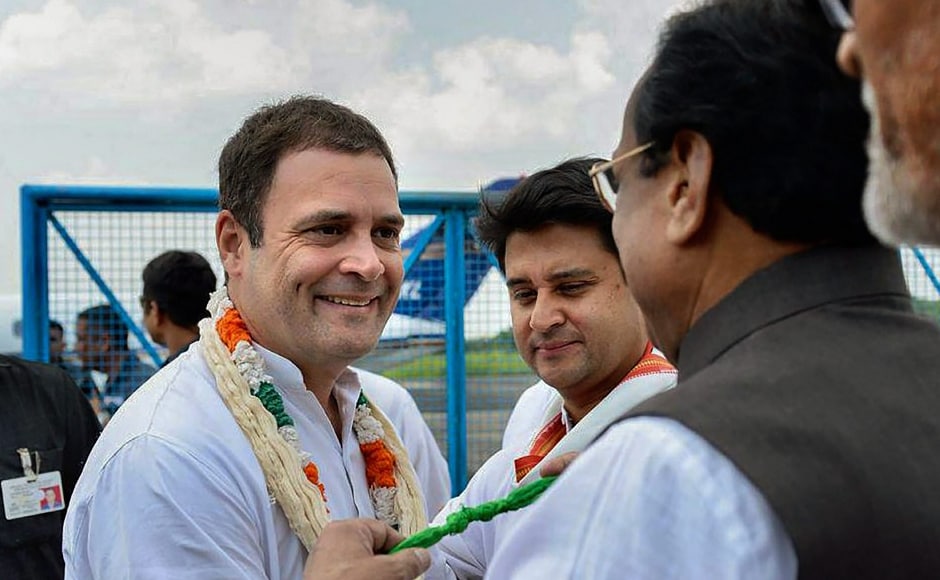 Congress president Rahul Gandhi on 17 September kicked off campaign for Madhya Pradesh elections. State president Kamal Nath greeted Congress leader and MP Jyotiraditya Madhavrao Scindia as they arrived at the airport ahead of a roadshow, in Bhopal. PTI