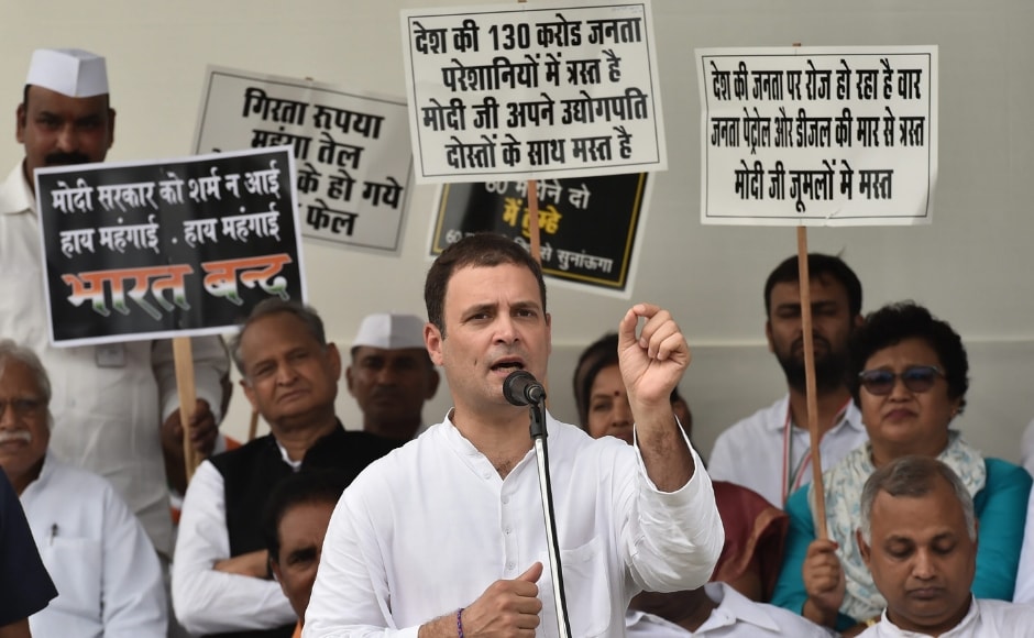 Spearheading the Bharat Bandh in Delhi from Ramlila Maidan, Congress president Rahul Gandhi said the country was Spearheading the Bharat Bandh in Delhi from Ramlila Maidan, Congress president Rahul Gandhi said the country was