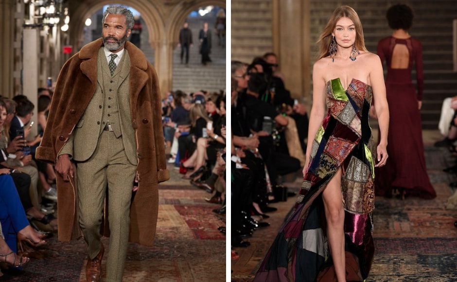 Gigi Hadid walked the ramp for Ralph Lauren's 50th anniversary show in a handmade patchwork gown of 132 separate patches united by zigzag stitching and embroidery. Twitter