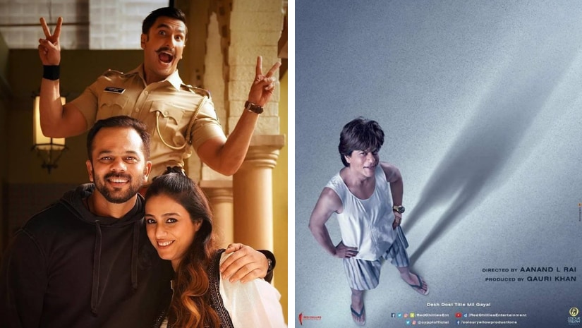 Simmba cast with Rohit Shetty (left) and Zero poster. Images from Facebook