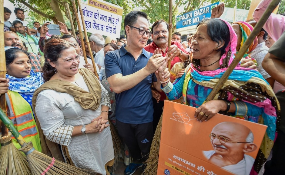 Kiren Rijiju with BJP MP Meenakashi Lekhi interacted with workers in New Delhi on Saturday. Modi, during the launch of the campaign has also said the name of "swachhagrahis" (cleanliness workers) will be written in golden letters when history of this movement is written. PTI