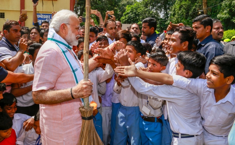 Modi met schoolchildren while he undertook the cleanliness drive under. During video conferencing, he said that cleanliness coverage was 40 percent in 2014 and it now has grown to over 90 percent on account of people's efforts. PTI