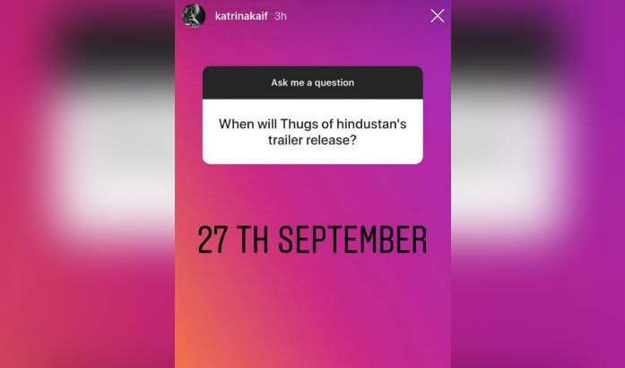 Screenshot of Katrina Kaif's Instagram QnA where she revealed the Thugs of Hindostan release date. Image via Instagram