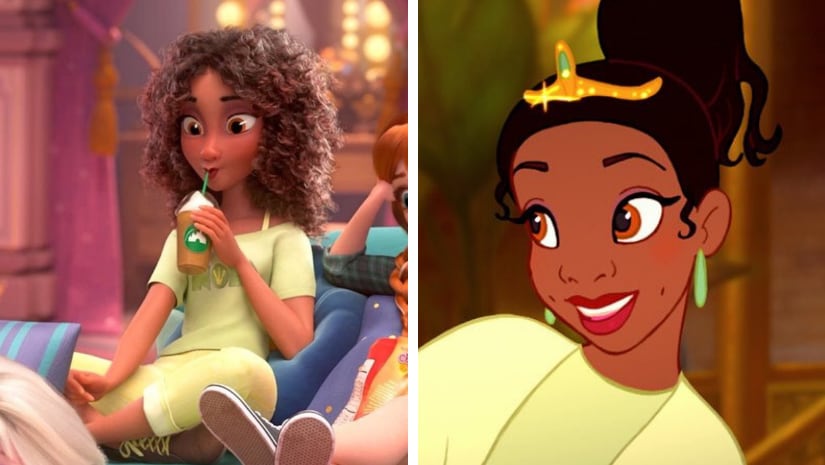 Princess Tiana's representation in Ralph Breaks the Internet (left); the original Princess in 2009's The Princess and the Frog