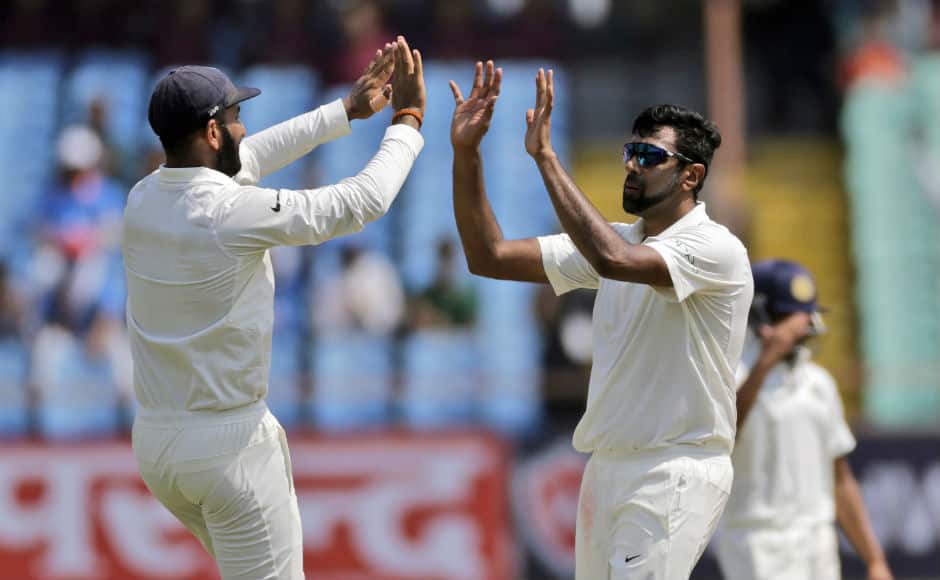 Ravichandran Ashwin celebrates after dismissing stand-in West Indies captain Kraigg Brathwaite on Day 3. AP