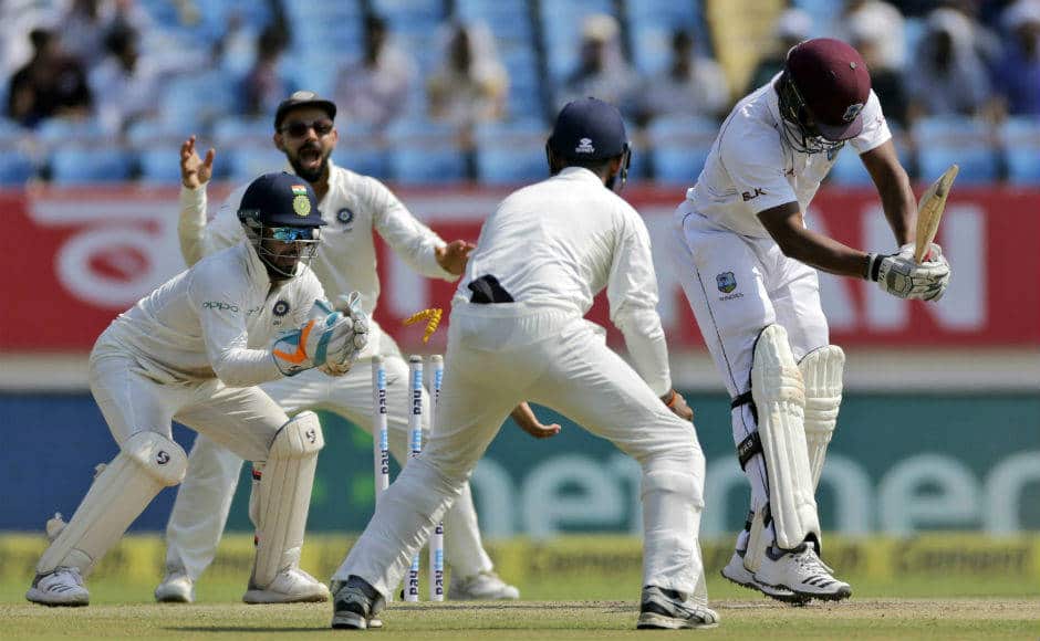Rishabh Pant stumps Shannon Gabriel to bring West Indies' first innings to an end at the 181-run mark. AP
