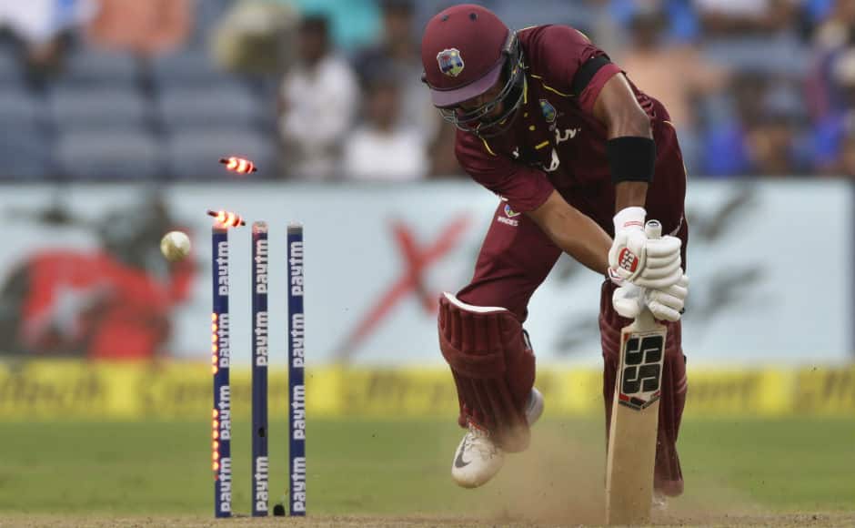 Shai Hope is yorked by Jasprit Bumrah to fall short of a second consecutive ton by five runs. AP
