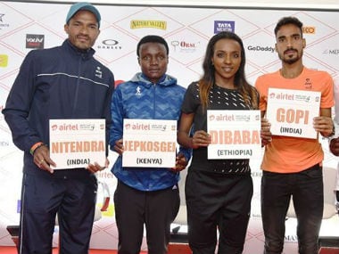 Nitendra Singh (left) and Gopi T (extreme right) will lead India's field while Joyciline Jepkosgei (2nd L) and Tirunesh Dibaba will highlight the women's elite category. Image: Twitter/ @runadhm 