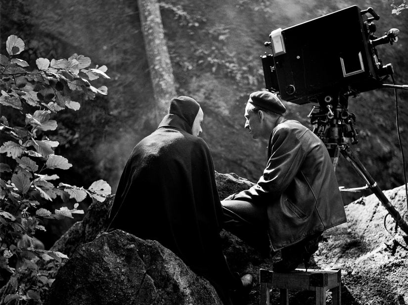 Bengt Ekerot (L) and Ingmar Bergman on set of The Seventh Seal. Getty