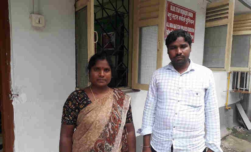 Shankar Gunde's wife with his brother Narendra. Gunde is among the five migrant workers from Telangana who were arrested over alleged Maoist links. Parth MN