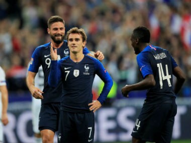 France's Antoine Griezmann celebrates scoring their second goal. Reuters