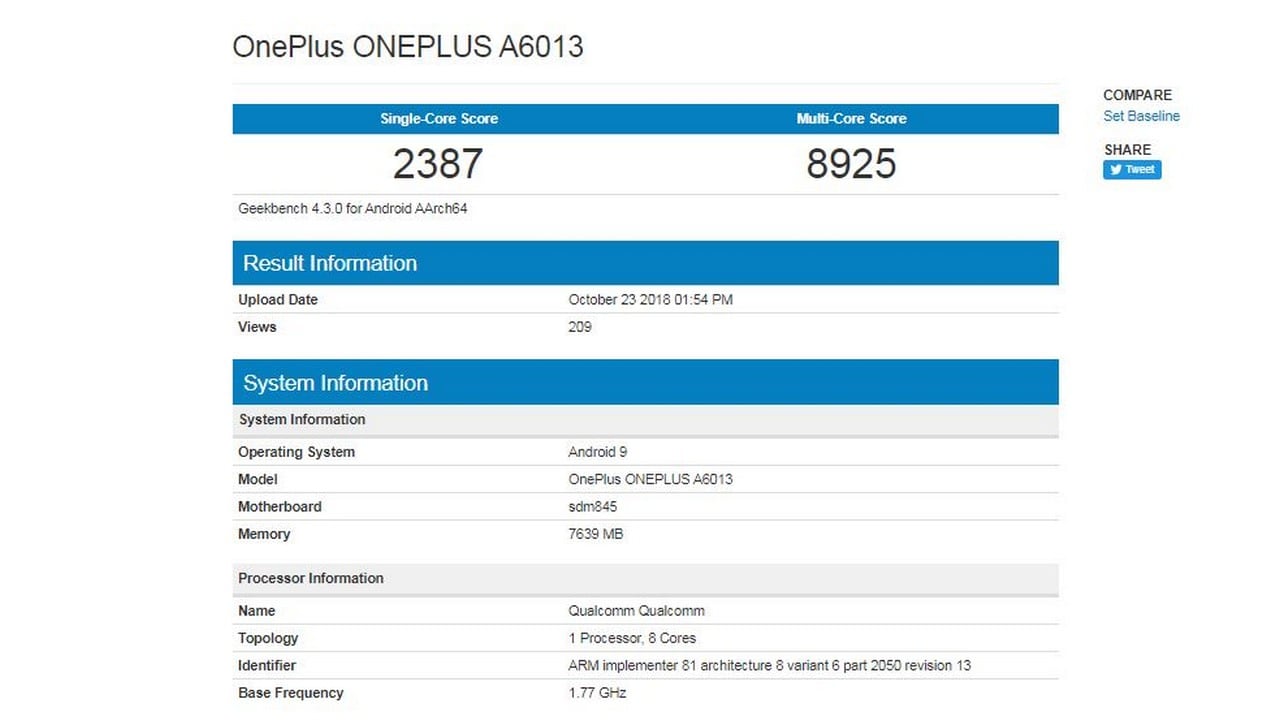 Geekbench listing of the OnePlus 6T.