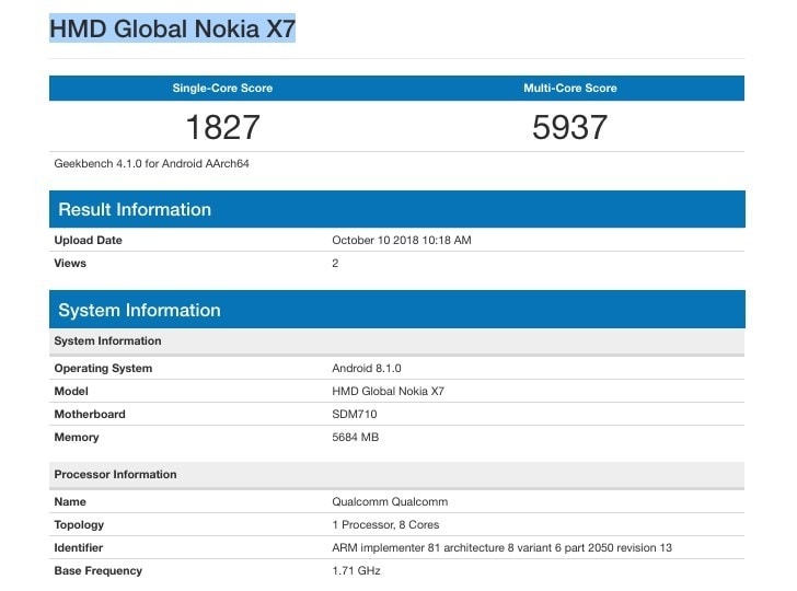Nokia 7.1 plus aka Nokia X7 on Geekbench. Image: Geekbench