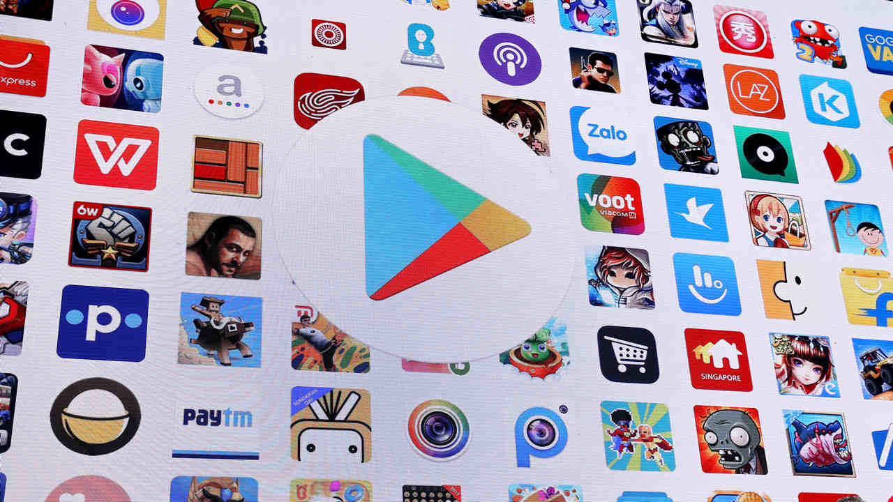 Google Play store depicted in a slide show on-screen at Google I/O. Image: Reuters