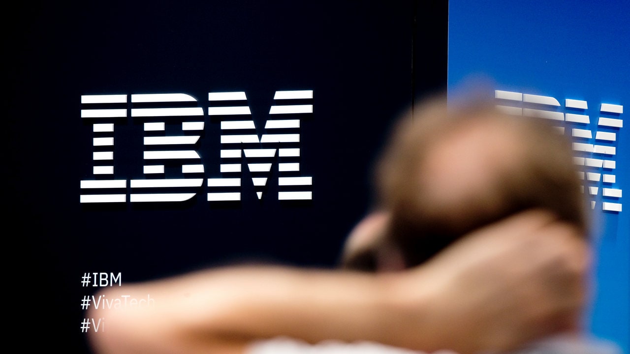 The IBM company logo is pictured during a start-up and technology summit. Image: Reuters