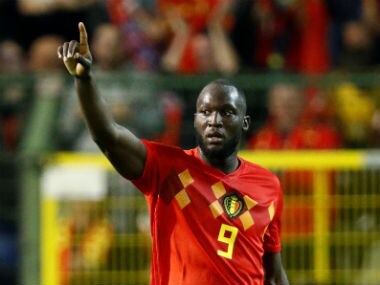 Belgium's Romelu Lukaku celebrates scoring their first goal. Reuters