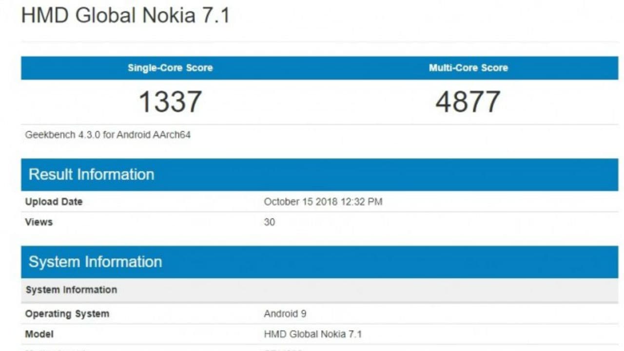 A Geekbench listing of the Nokia 7.1 reveals that. Image: GSMArena
