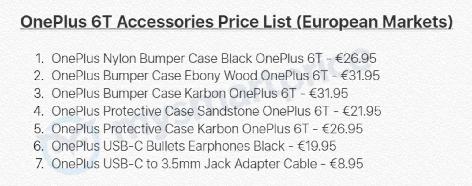 OnePlus 6T Accessory list with pricing in Euros. Image: MySmartprice