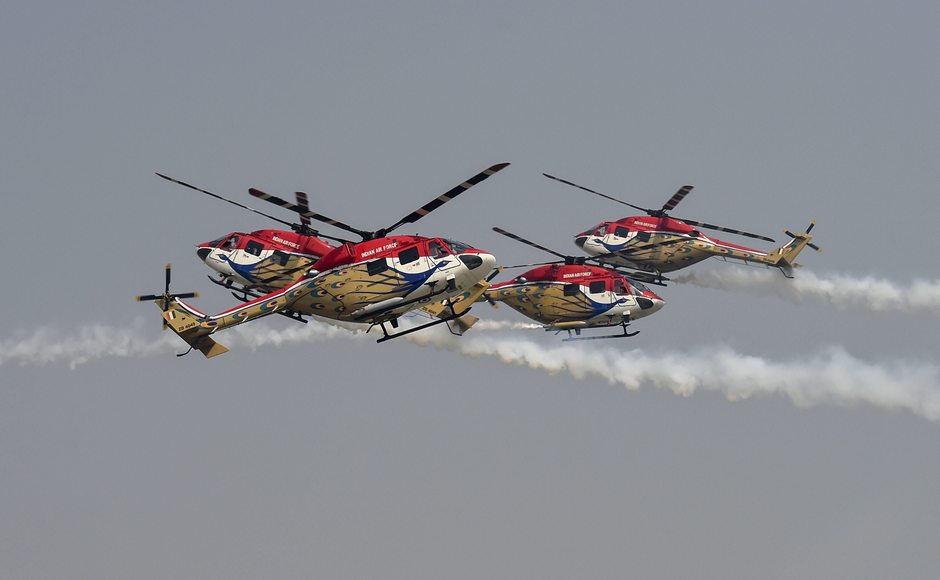 'Sarang' helicopter's aerobatic team of Indian Air Force also performed during the 86th Air Force Day Parade 2018. PTI 'Sarang' helicopter's aerobatic team of Indian Air Force also performed during the 86th Air Force Day Parade 2018. PTI
