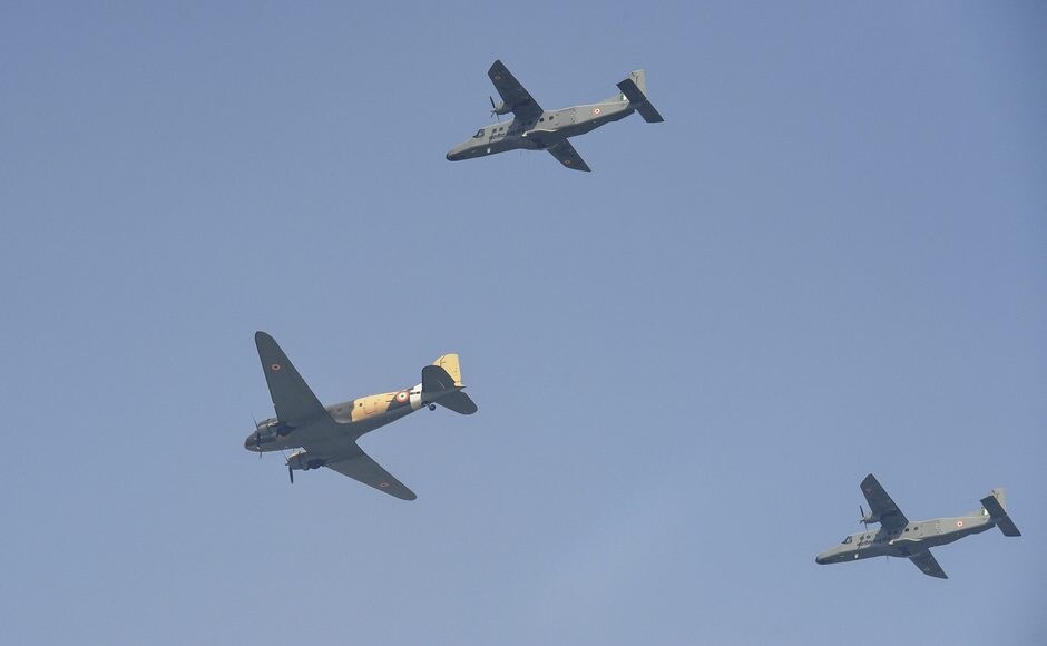 The parade was followed by an air display and acrobatics by the Air Force's various aircraft. Indian Air Force's two Dorniers and a Dakota flew in a formation. PTI The parade was followed by an air display and acrobatics by the Air Force's various aircraft. Indian Air Force's two Dorniers and a Dakota flew in a formation. PTI