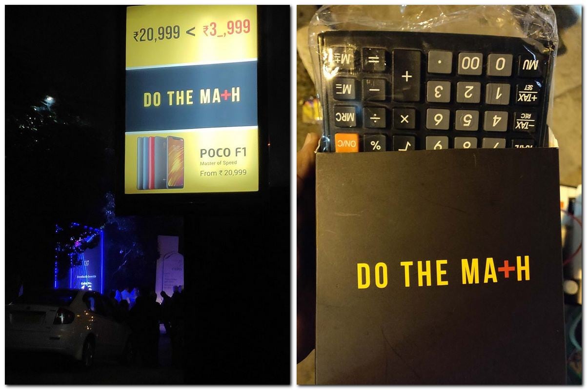 Xiaomi Poco India hoardings right outside the OnePlus event venue (L), Calculators distributed to people (R). Image: azorahaaaaaai/ Imgur