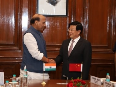 Home Minister Rajnath Singh with the State Councilor and Minister of Public Security of China, Zhao Kezhi. Twitter/@rajnathsingh