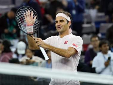 Roger Federer of Switzerland reacts after defeating Daniil Medvedev of Russia after their men's singles second round match at the Shanghai Masters tennis tournament on October 10, 2018. (Photo by Johannes EISELE / AFP)