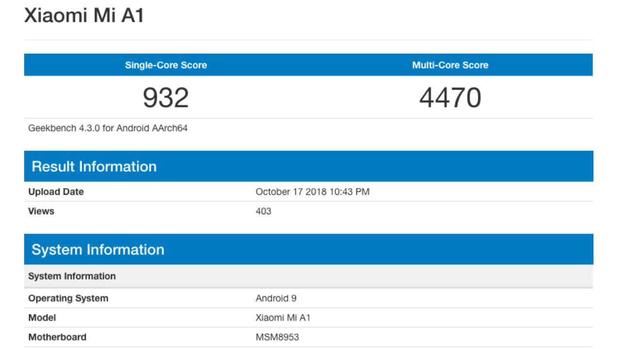 Xiaomi Mi A1 to soon get Android 9.0 Pie. Image: Geekbench
