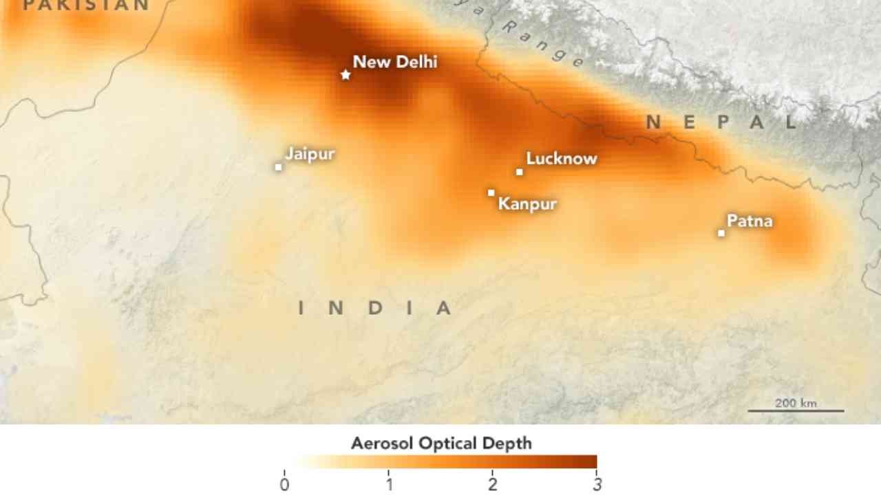 Measure of aerosol pollution over north India on November 7, 2017. Image courtesy: NASA Earth Observatory/MODIS data from the Aqua satellite.
