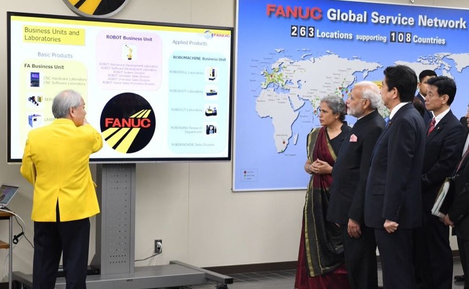 Modi and Abe visited the FANUC Corporation, one of the largest makers of industrial robots in the world in Yamanashi, and took a tour the robotics and automation facilities. Twitter/@MEAIndia Modi and Abe visited the FANUC Corporation, one of the largest makers of industrial robots in the world in Yamanashi, and took a tour the robotics and automation facilities. Twitter/@MEAIndia