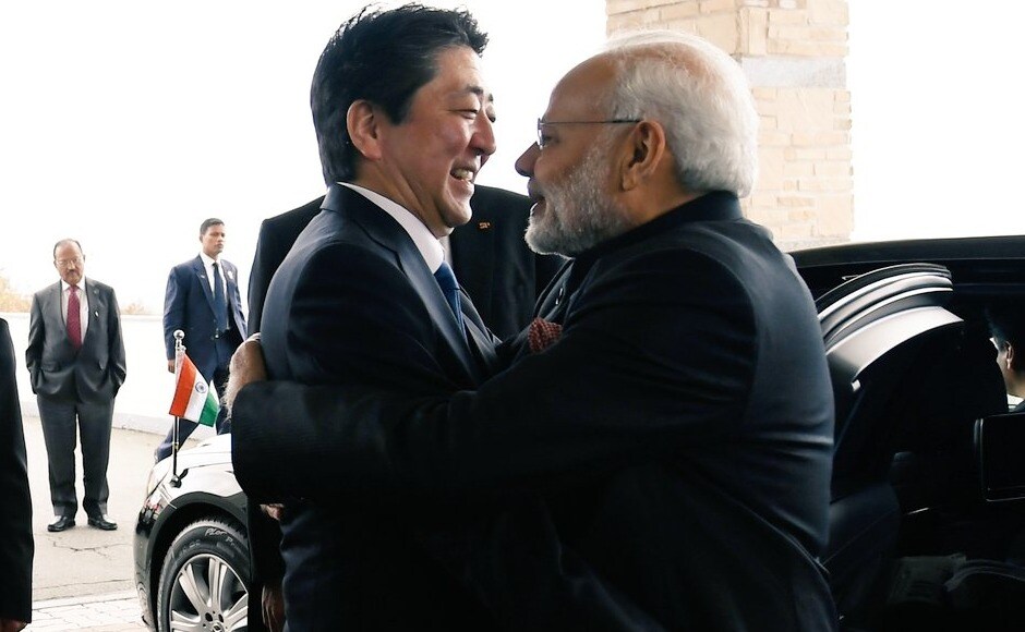 Modi was received by Japan's Prime Minister Shinzo Abe with a hug on his arrival at the Hotel Mt. Fuji in Yamanashi. This is the 12th meeting between the two leaders in the last four years. Twitter/@MEAIndia Modi was received by Japan's Prime Minister Shinzo Abe with a hug on his arrival at the Hotel Mt. Fuji in Yamanashi. This is the 12th meeting between the two leaders in the last four years. Twitter/@MEAIndia