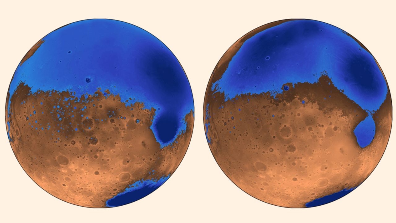 The early ocean known as Arabia (left, blue) would have looked like this when it formed 4 billion years ago on Mars, while the Deuteronilus ocean, about 3.6 billion years old, had a smaller shoreline; both coexisted with the massive volcanic province Tharsis, located on the unseen side of the planet, which may have helped support the existence of liquid water; the water is now gone, perhaps frozen underground and partially lost to space, while the ancient seabed is known as the northern plains. Image credit: Robert Citron, University of California, Berkeley.