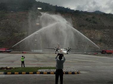 Sikkim's Pakyong Airport welcomes first commercial flight in state with water cannon salute Sikkim's Pakyong Airport welcomes first commercial flight in state with water cannon salute