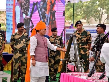 Rajnath Singh celebrates Dussehra with BSF jawans in Rajasthan's Bikaner, performs 'shastra puja' Rajnath Singh celebrates Dussehra with BSF jawans in Rajasthan's Bikaner, performs 'shastra puja'