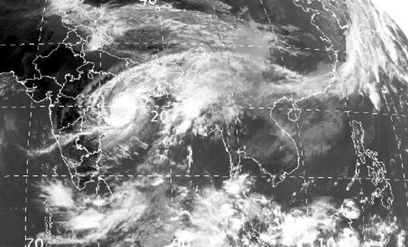 Latest satellite image of Cyclone Titli. The storm is now centered on land and is headed north westward. IMD