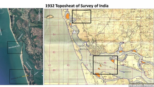 Image on the left is from Google Earth and on the right is a 1932 map from the Survey of India. Left: The mouth of the Sharavathi river has moved over 4 km from Kasarkod (south) to opposite Karki village (north). Right: A 1932 map of the same region that shows the position of the mouth of the Sharavati river. The island of Pavinkurve is a longer stretch of land and Karki village merely had a stream in front of it, instead of the Arabian sea. Image courtesy: Prakash Mesta