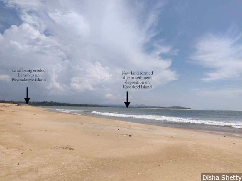 While the island of Pavinakurve (on the left) is losing land to erosion, new land is being formed on the island of Kasarkod (right) due to deposition of sediments called accretion. The new land goes to the government and not the ones who lost their land to erosion. Image courtesy: Disha Shetty