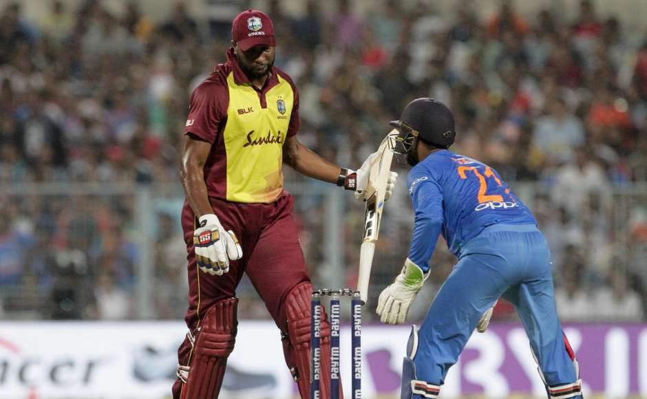 West Indies' Kieron Pollard had a bad day at office on his return to the T20I setup. He tried to spend some time in the middle but lost his patience once Krunal came into the attack. He fell in the trap of the loopy deliveries bowled by Krunal and was caught at long on for 14 made off 26 balls. AP West Indies' Kieron Pollard had a bad day at office on his return to the T20I setup. He tried to spend some time in the middle but lost his patience once Krunal came into the attack. He fell in the trap of the loopy deliveries bowled by Krunal and was caught at long on for 14 made off 26 balls. AP