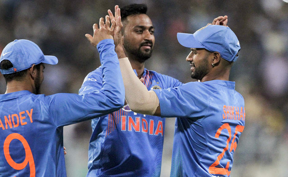 India's debut man Krunal Pandya had a terrific outing as he bowled a tight line and length, giving away just 15 runs and picked one wicket as well. He scored the winning runs for India, amassing 21 runs in just 9 balls in his maiden T20I innings. AP India's debut man Krunal Pandya had a terrific outing as he bowled a tight line and length, giving away just 15 runs and picked one wicket as well. He scored the winning runs for India, amassing 21 runs in just 9 balls in his maiden T20I innings. AP