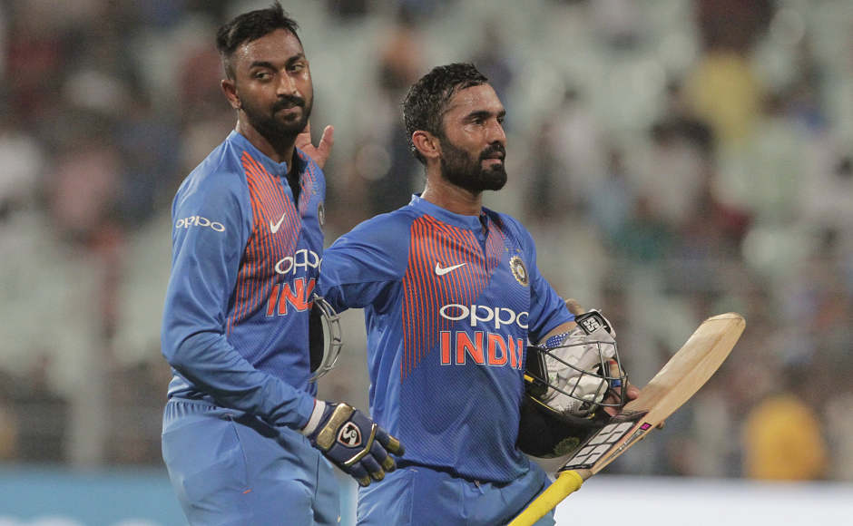 Krunal Pandya (21 off 9) and Dinesh Karthik (31 off 34) formed 27-run partnership for the sixth wicket to take India home with over two overs left in the match after the hosts looked in trouble at the initial stages of the small chase. AP Krunal Pandya (21 off 9) and Dinesh Karthik (31 off 34) formed 27-run partnership for the sixth wicket to take India home with over two overs left in the match after the hosts looked in trouble at the initial stages of the small chase. AP
