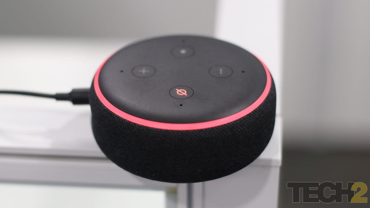 Amazon Echo Dot (3rd gen) comes with a cloth covered speaker section and has four far-field microphones up top. Image: tech2/Sachin Gokhale