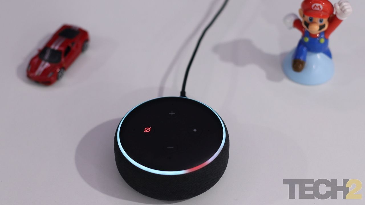 Amazon Echo Dot (3rd gen) has a power port and an audio out on the rear side. Image: tech2/Sachin Gokhale