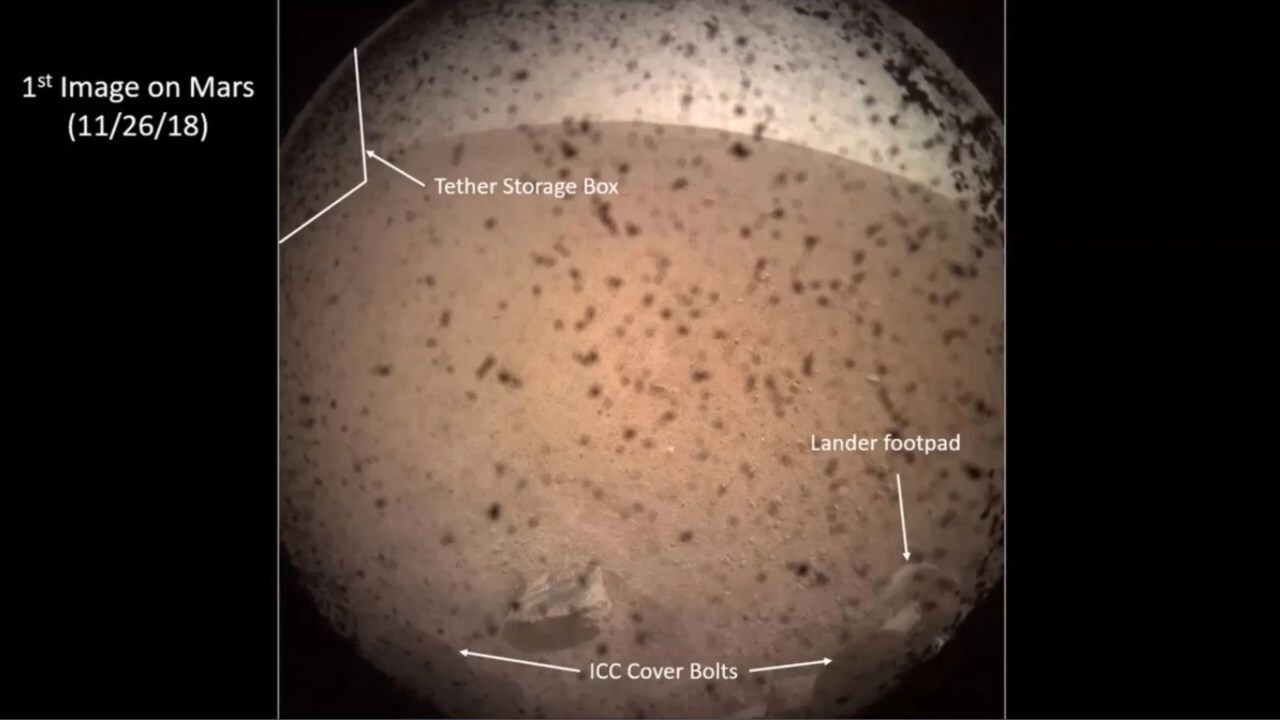 This image shows an annotated image from NASA's InSight lander showing key parts of the terrain and lander after successful touchdown. Image courtesy: NASA TV