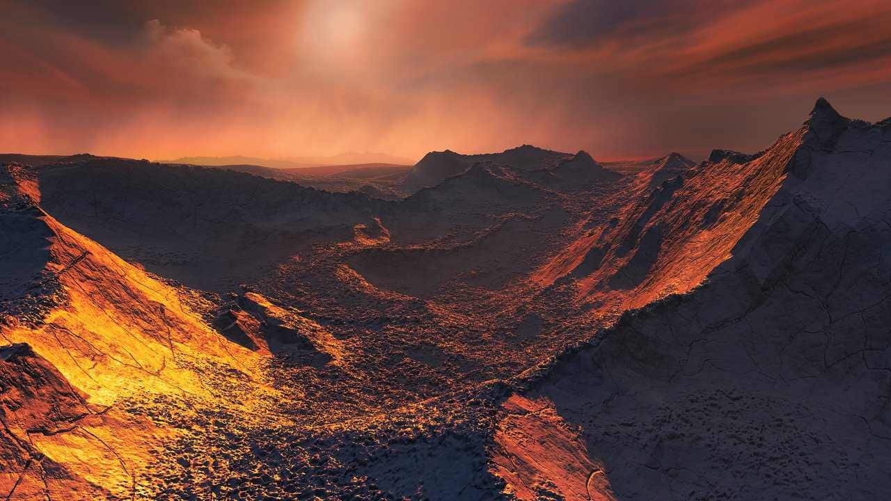 The nearest single star to the Sun hosts an exoplanet at least 3.2 times as massive as Earth — a so-called super-Earth. Data from a worldwide array of telescopes, including ESO’s planet-hunting HARPS instrument, have revealed this frozen, dimly lit world. The newly discovered planet is the second-closest known exoplanet to the Earth and orbits the fastest moving star in the night sky. This image shows an artist’s impression of the planet’s surface. Image courtesy: ESO