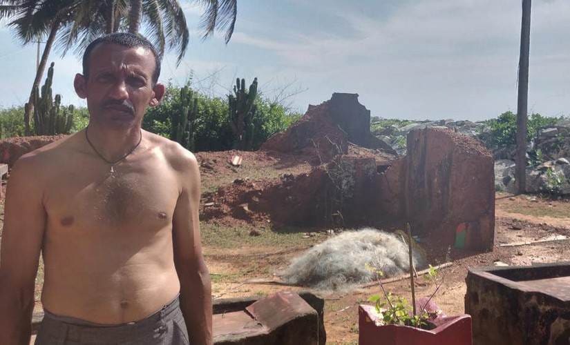 Budhwant Karvi, 40, visits the remains of his old home in Pavinarkurve village in Honnavar, Karnataka, on festivals and special occasions. To stop the erosion, the government constructed a stone wall, but it wasn’t enough to hold back the waves. Image courtesy: Disha Shetty